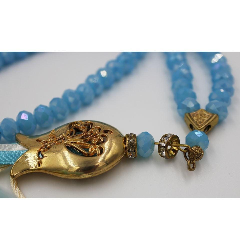 Tesbihane Tesbih Luxury Acrylic Islamic Tesbih Light Blue and Gold with Roses and Tulip Tassel 99 Count - Modefa 