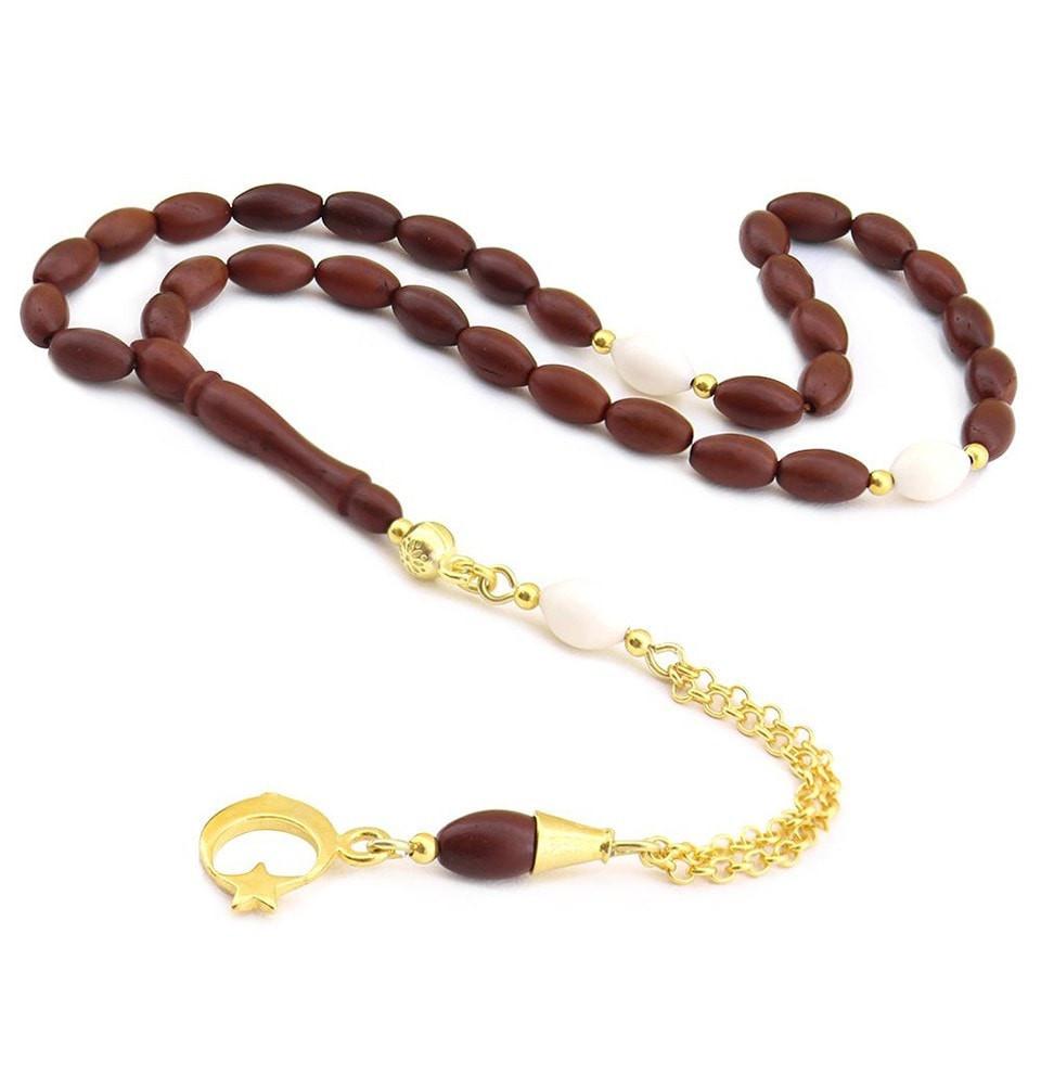 Tesbihane Tesbih Luxury Islamic Tesbih Oval 'Kuka' Wood 33 Count Beads with Crescent Moon - Modefa 