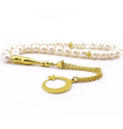 Luxury Islamic Tesbih Round Pearl with Sterling Silver Crescent Moon 33 Tassel Count