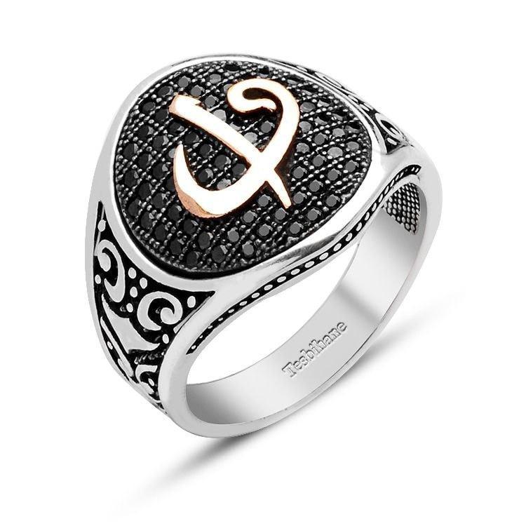 Tesbihane wholesale Men's Silver Islamic Ring Elif and Waw with Zirconium - Modefa 