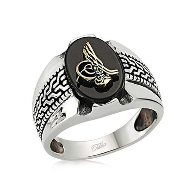 Tesbihane wholesale Men's Silver Ottoman Ring Black Onyx with Tughra - Modefa 