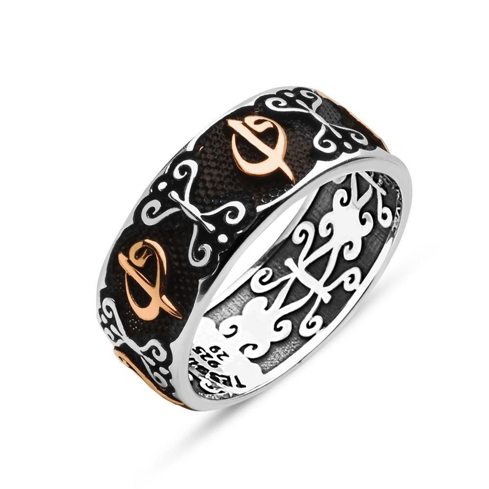 Tesbihane wholesale Men's Silver Islamic Ring Elif & Waw Band - Modefa 