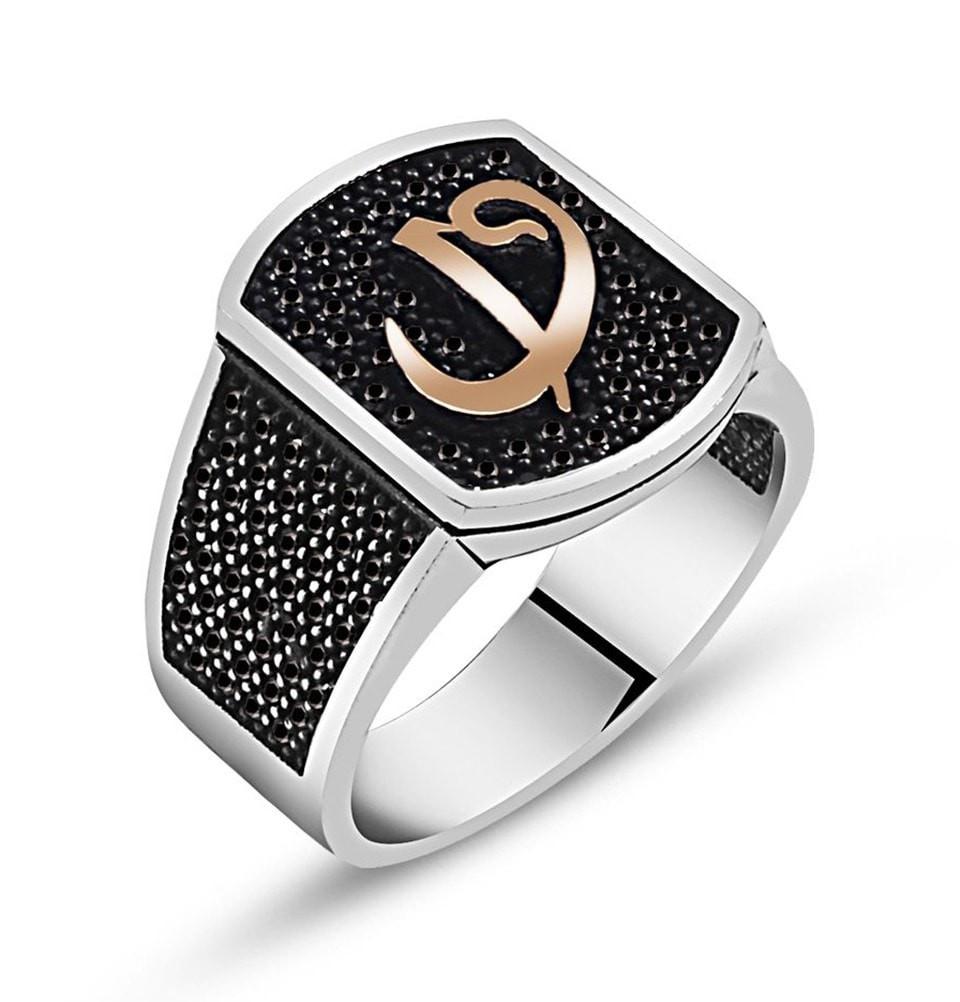 Tesbihane wholesale Men's Silver Islamic Square Ring Elif and Waw with Black Zircon - Modefa 