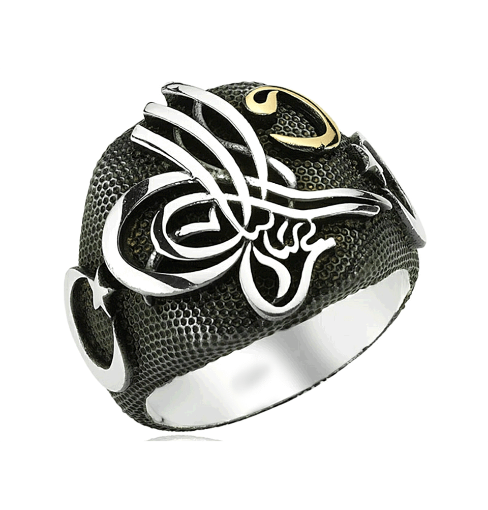 Ottoman Sultan Tughra Men's Ring - Solid 925 Sterling Silver With Agate Stone, Turkish Moon Star Design
