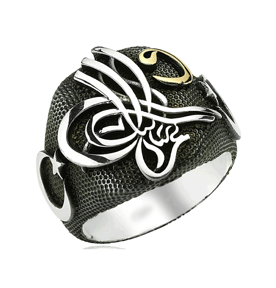 Tesbihane wholesale Men's Silver Ottoman Ring Tughra with Waw and Crescent Moon - Modefa 