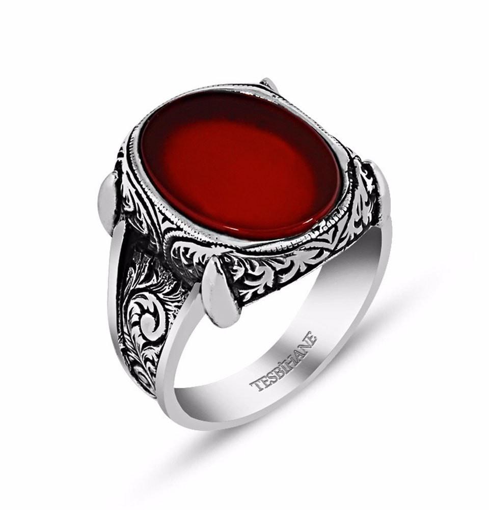 Tesbihane wholesale Men's Silver Ottoman Oval Design Ring Agate #067 - Modefa 