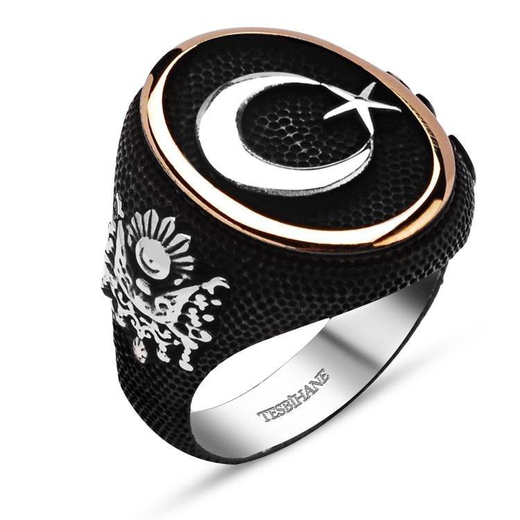 Tesbihane wholesale Men's Silver Islamic Ring Crescent & Moon with Ottoman Coat of Arms - Modefa 