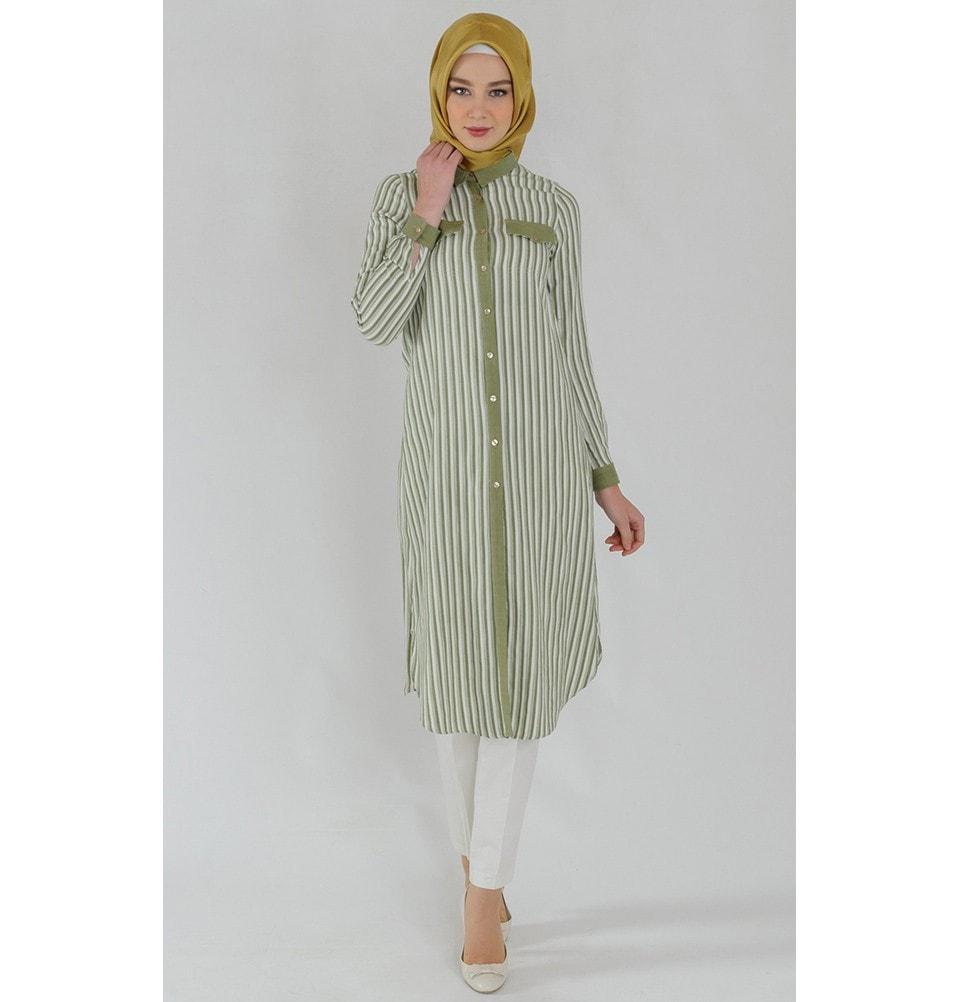 Tugba Tunic Tugba Islamic Women's Turkish Striped Tunic H8134 Green - Modefa 