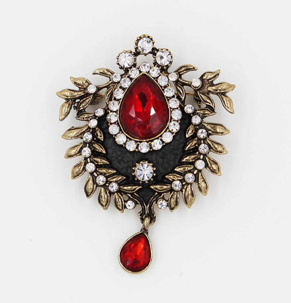 Turkish Jeweled Brooch Teardrop Red