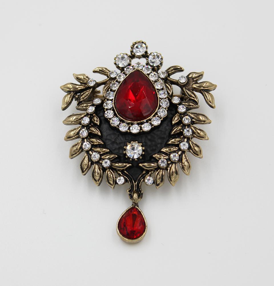 Turkish Jeweled Brooch Teardrop Red